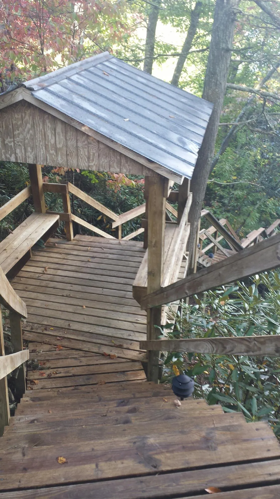 Metal roofed shelter over wooden steps on a wooded walkway — Skylight Repair & Installation work by our crew in Glendora